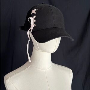 AKIRA Black Hat with Pink Ribbon Accent
